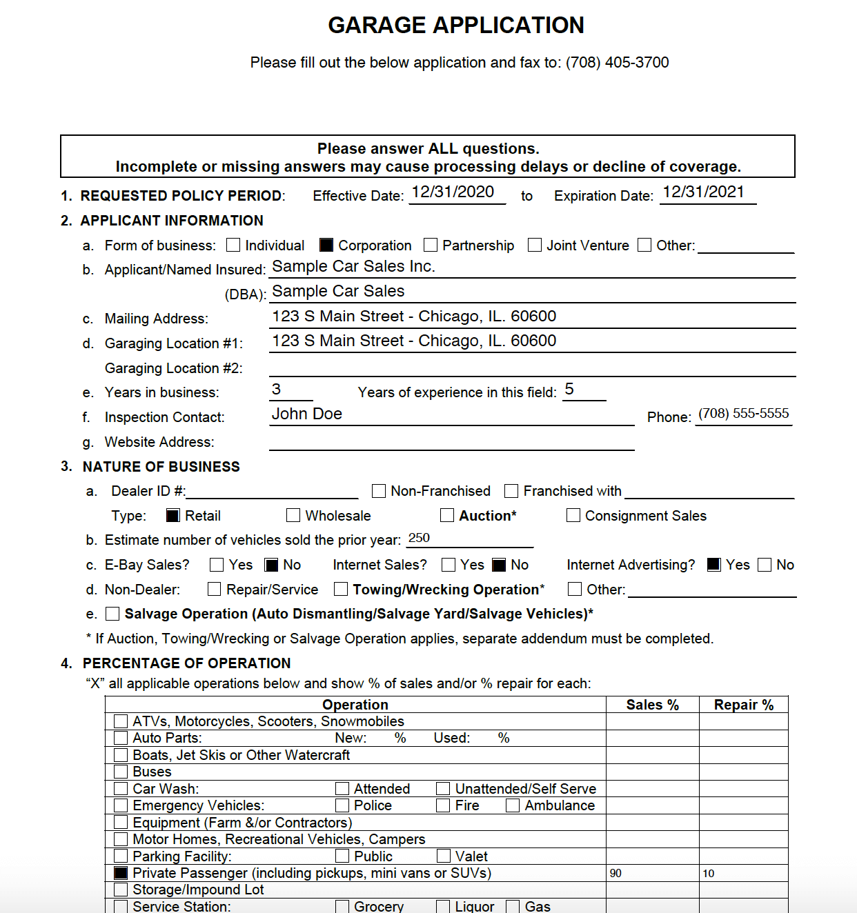 Illinois Car Dealership Insurance Application Insured ASAP Insurance