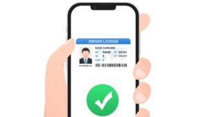 pixel image of a drivers license with a green check mark on a smart phone