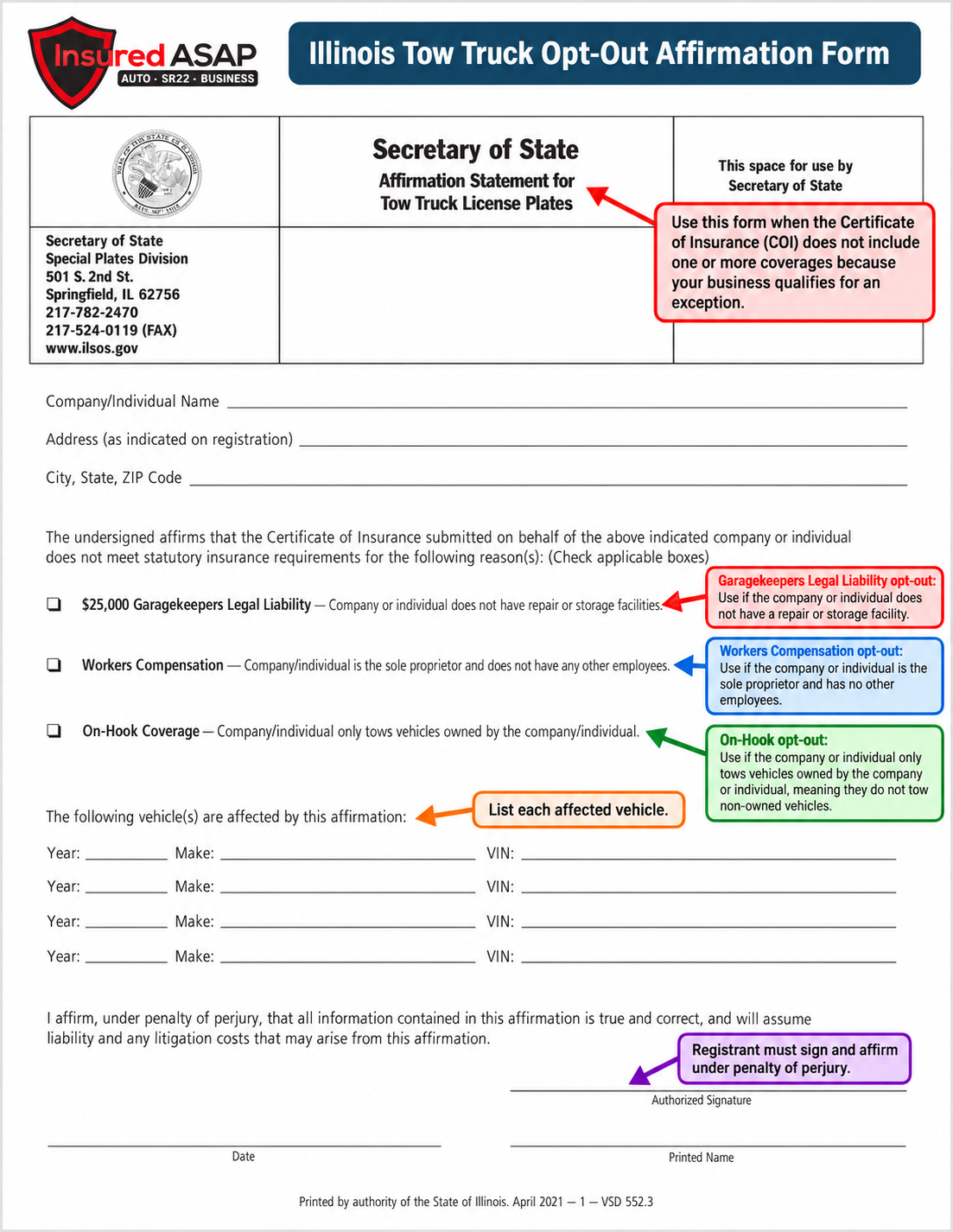 Illinois VSD 552 affirmation with callouts for the no-facility garagekeepers exception, sole proprietor without employees exception, owned vehicles only on-hook exception, vehicle list and signature.