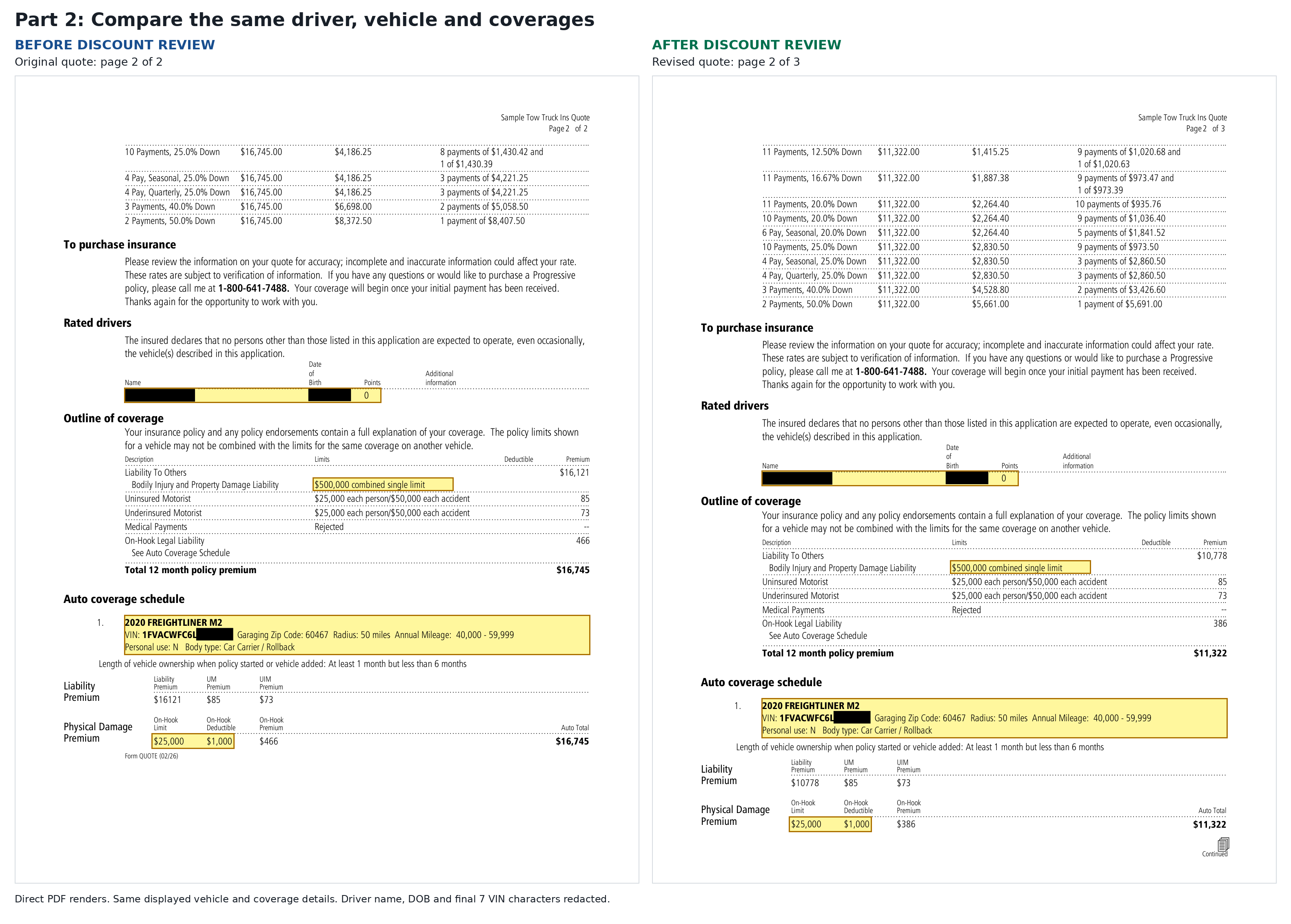 Redacted second pages showing matching Freightliner M2 vehicle, driver points, garaging ZIP, radius and coverage limits.